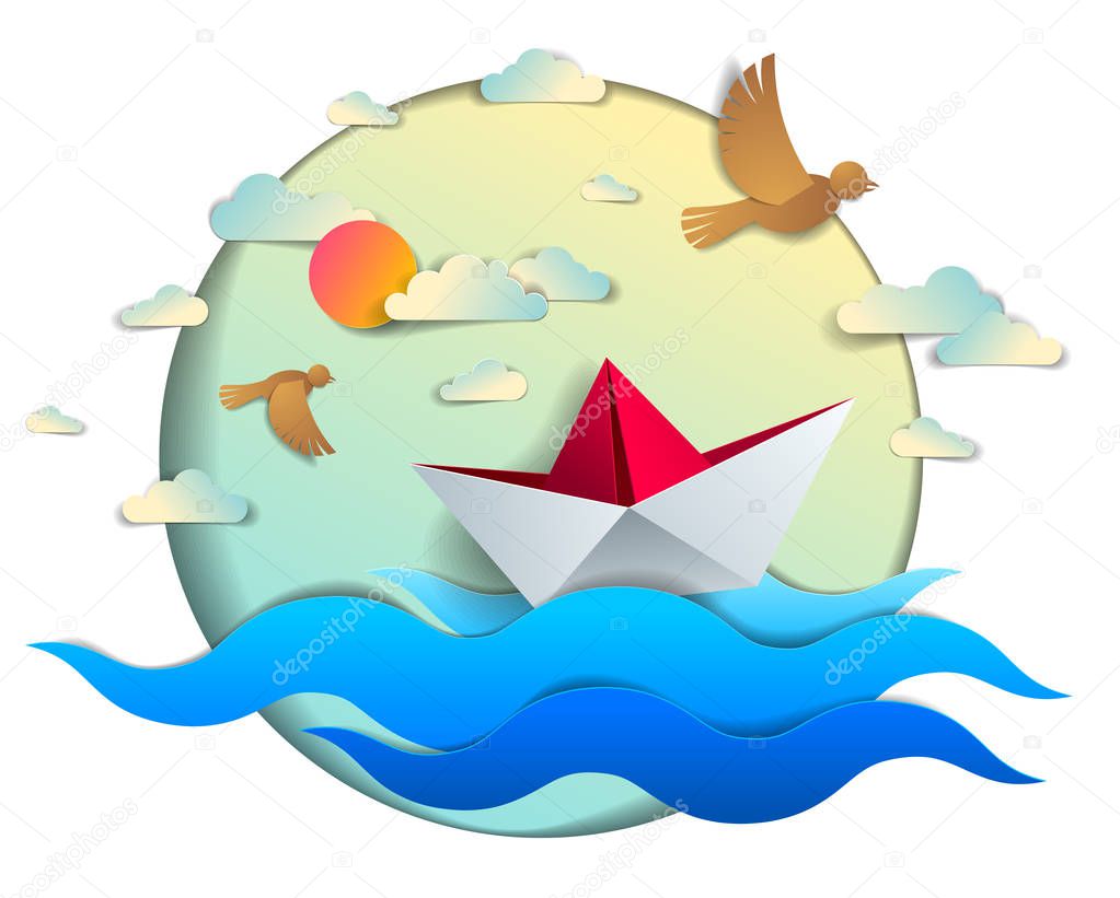 Origami paper ship toy swimming in ocean waves, beautiful vector illustration of scenic seascape with toy boat floating in sea and birds in sky. Water travel, summer holidays.