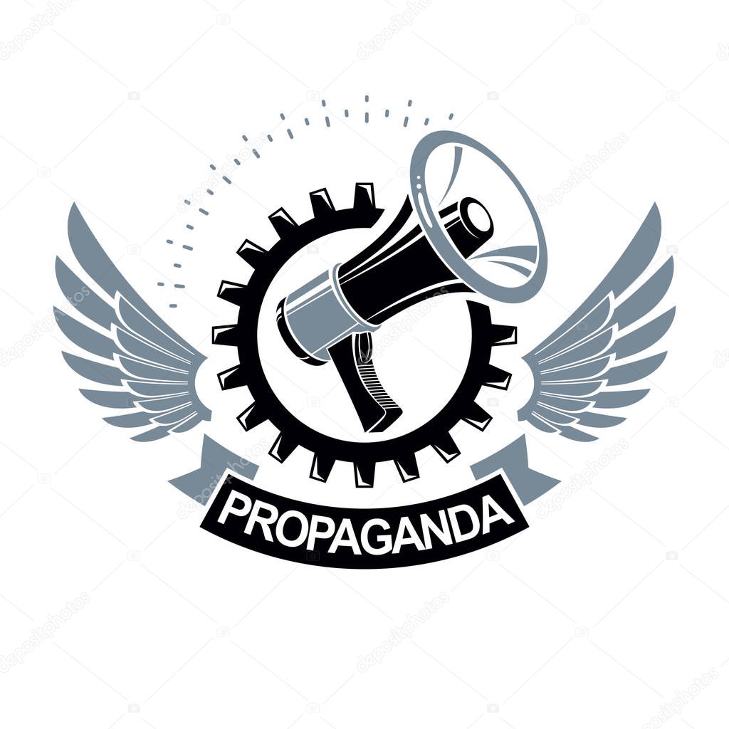 Vector winged logo composed with megaphone equipment surrounded by engineering cog wheel. Proletarian revolution abstract sign, political propaganda.