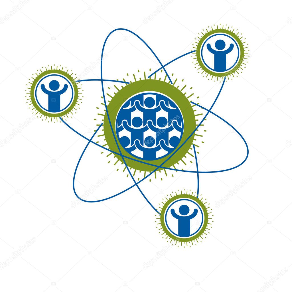 Society and Person interaction creative logo, unique vector symbol created with different icons. System and social Matrix sign. Person and society interacts with each other. 