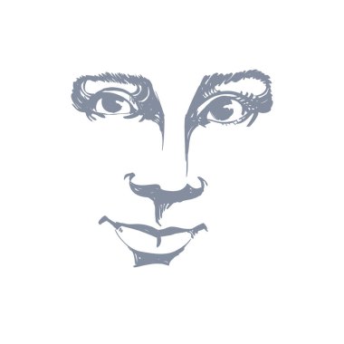 Vektör tek renkli sanat resim, beyaz arka plan üzerinde izole güzel rüya kız portresi. Yüz ifadeleri, insanlar olumlu duygular. Kafkas melankolik kadın yüz, maske.