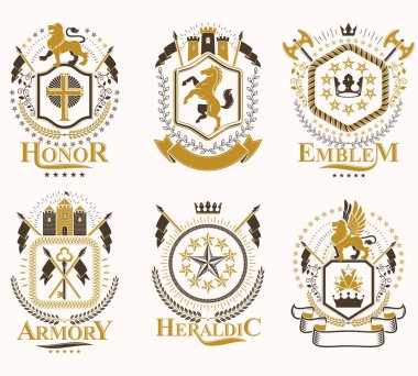 Lüks Heraldik vektör şablonları. Grafik elementler, kraliyet tacları, ortaçağ kaleleri, cephanelik ve dini haçlar kullanılarak yapılmış vektör sembolik blazon koleksiyonu.