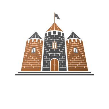 Ortaçağ Kalesi dekoratif vektör illüstrasyon izole. Retro tarzı etiket, Hanedanlık armaları illüstrasyon. Süslü Kalesi logo izole beyaz zemin üzerine.