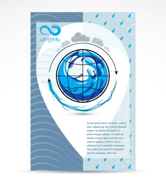 Su teslim iş kurumsal flyer şablonu. Grafik vektör çizim. Küresel su dolaşımı kavramsal tasarım, Mavi gezegen.