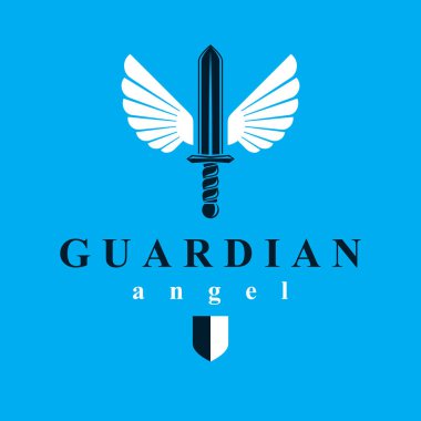 Kuş kanatları, savaş ve güvenlik metaforu ile yaratılmış kılıcın vektör çizimi. Seraph vektör amblemi.