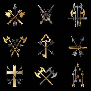 Vintage Silah Amblemleri ayarlandı. Vintage vektör tasarım elemanları koleksiyonu. Retro biçim etiketi, heraldry.
