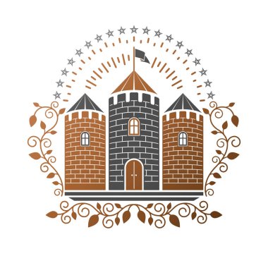 Eski Fort amblemi. Hanedan arması dekoratif logo vektör illüstrasyon izole. Beyaz arka plan üzerinde eski tarzı antika logo.