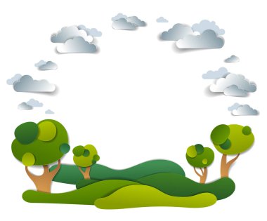 Çayırlar ve ağaçlar, bulutlu gökyüzü doğal manzara, çerçeve arka plan kopya alanı, vektör çizim kağıt ile kesti. Yaz tatili kırsal, seyahat ve Turizm.  