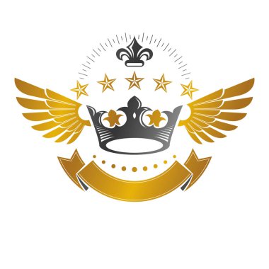 Eski Crown amblemi. Hanedan vektör tasarım öğesi. Retro tarzı etiket, Hanedanlık armaları logo. Beyaz arka plan üzerinde izole süslü logo.