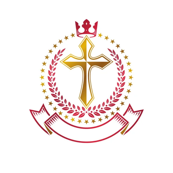 Cruz Cristiana Emblema Oro Creado Con Corona Real Corona Laurel — Vector de stock