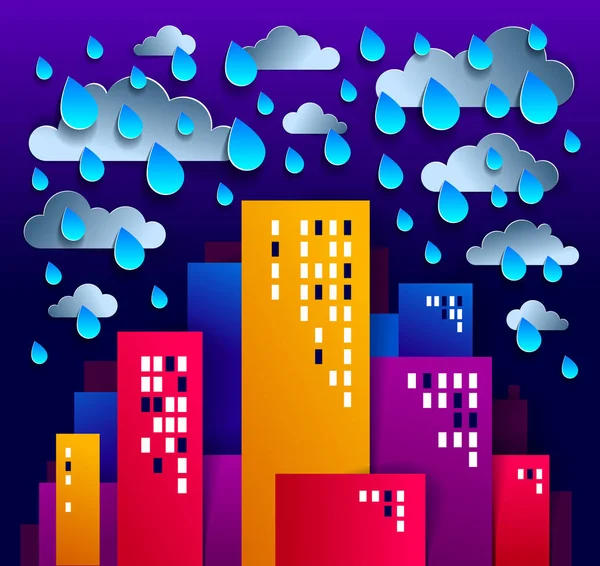 Huizen Van Stad Onder Regen Nachts Onder Regen Papier Knippen — Stockvector