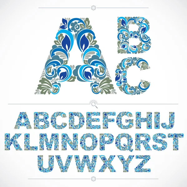 Conjunto Hermosas Letras Mayúsculas Azules Decoradas Con Adornos Base Hierbas — Vector de stock