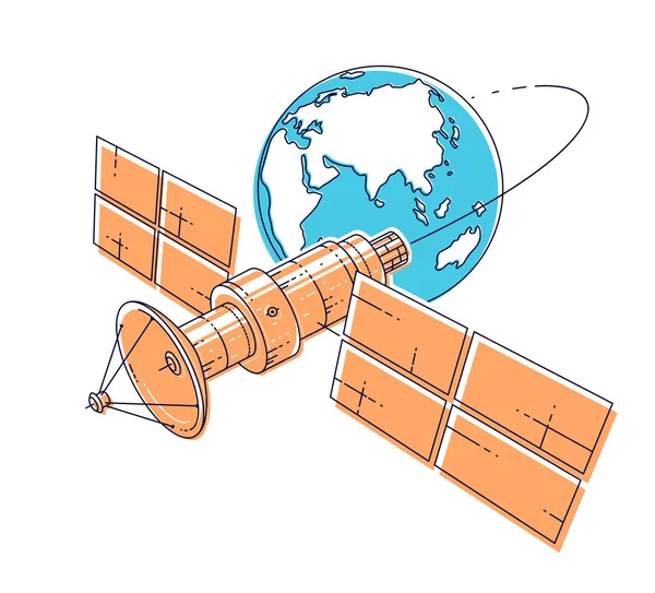 Vol Spatial Orbital Vol Satellite Communication Autour Terre Station Spatiale — Image vectorielle