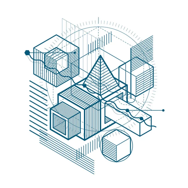 Isometrisch Linearer Abstrakter Vektorhintergrund Linierte Abstraktion Würfel Sechsecke Quadrate Rechtecke — Stockvektor
