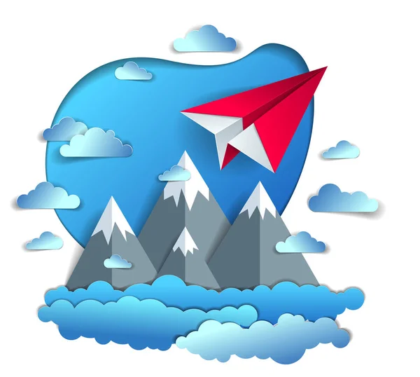 Papírové Letadlo Létající Zatažené Obloze Nad Malebnou Krajinou Pohoří Origami — Stockový vektor