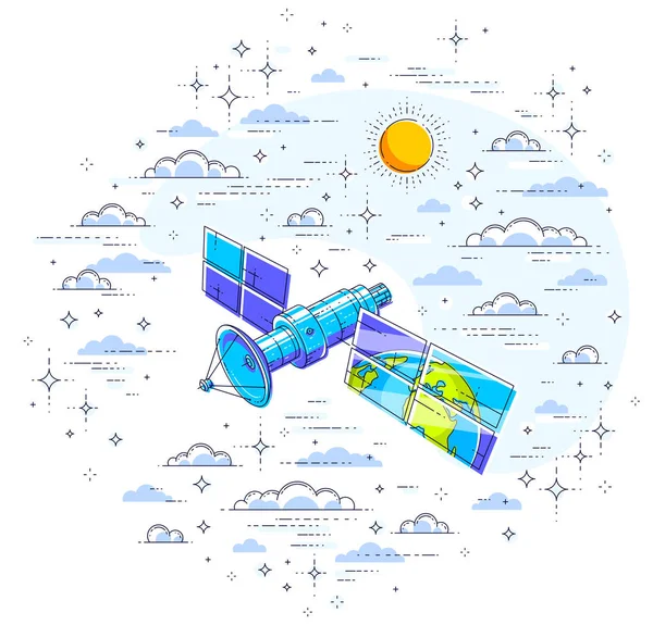 Globális Kommunikációs Technológia Műholdas Repül Felhős Föld Napelemek Tükrözi Vékony — Stock Vector