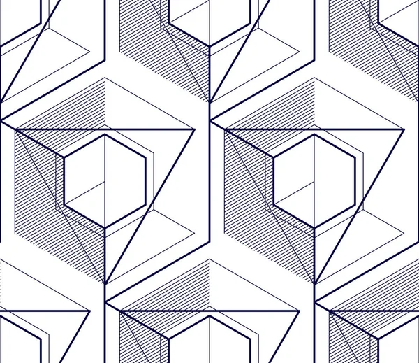 几何3D线条抽象无缝图案 矢量背景 技术风格的工程技术线条画了无尽的图解 黑白单色 — 图库矢量图片
