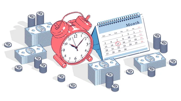 Concepto Fecha Límite Mesa Reloj Despertador Calendario Con Dinero Efectivo — Vector de stock