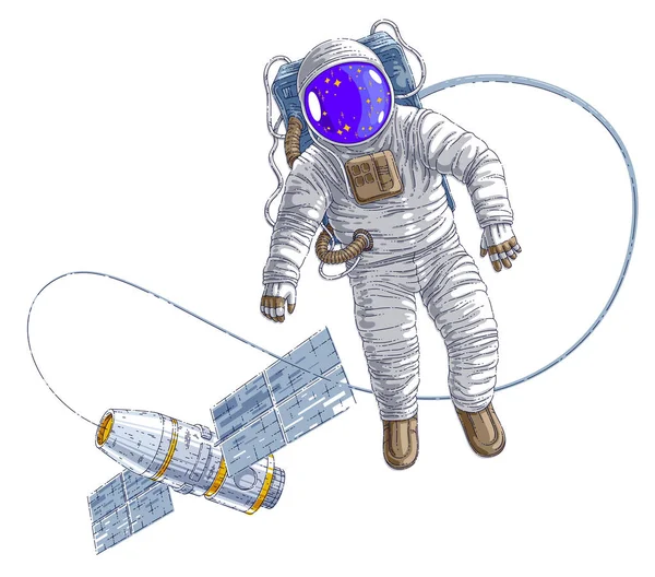 Spaceman Flying Open Space Connected Space Station Astronaut Man Woman — Stock Vector