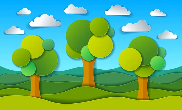Bäume Feld Landschaftlich Reizvolle Naturlandschaft Cartoon Modernen Stil Papier Geschnitten — Stockvektor
