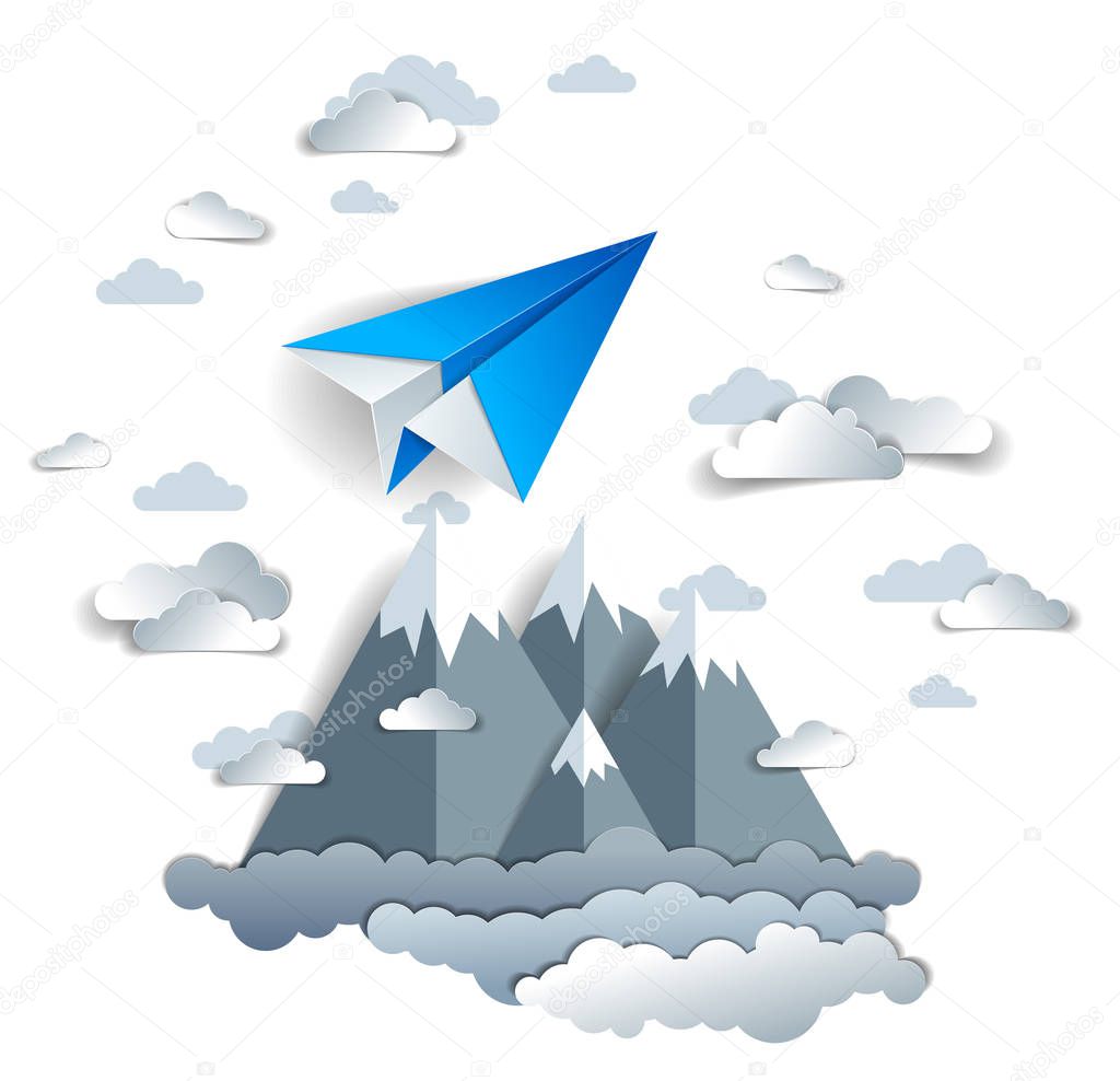 Origami paper plane toy flying in sky over mountain peaks, perfect vector illustration of scenic nature landscape with toy jet take off mountain range, airlines air travel theme. 