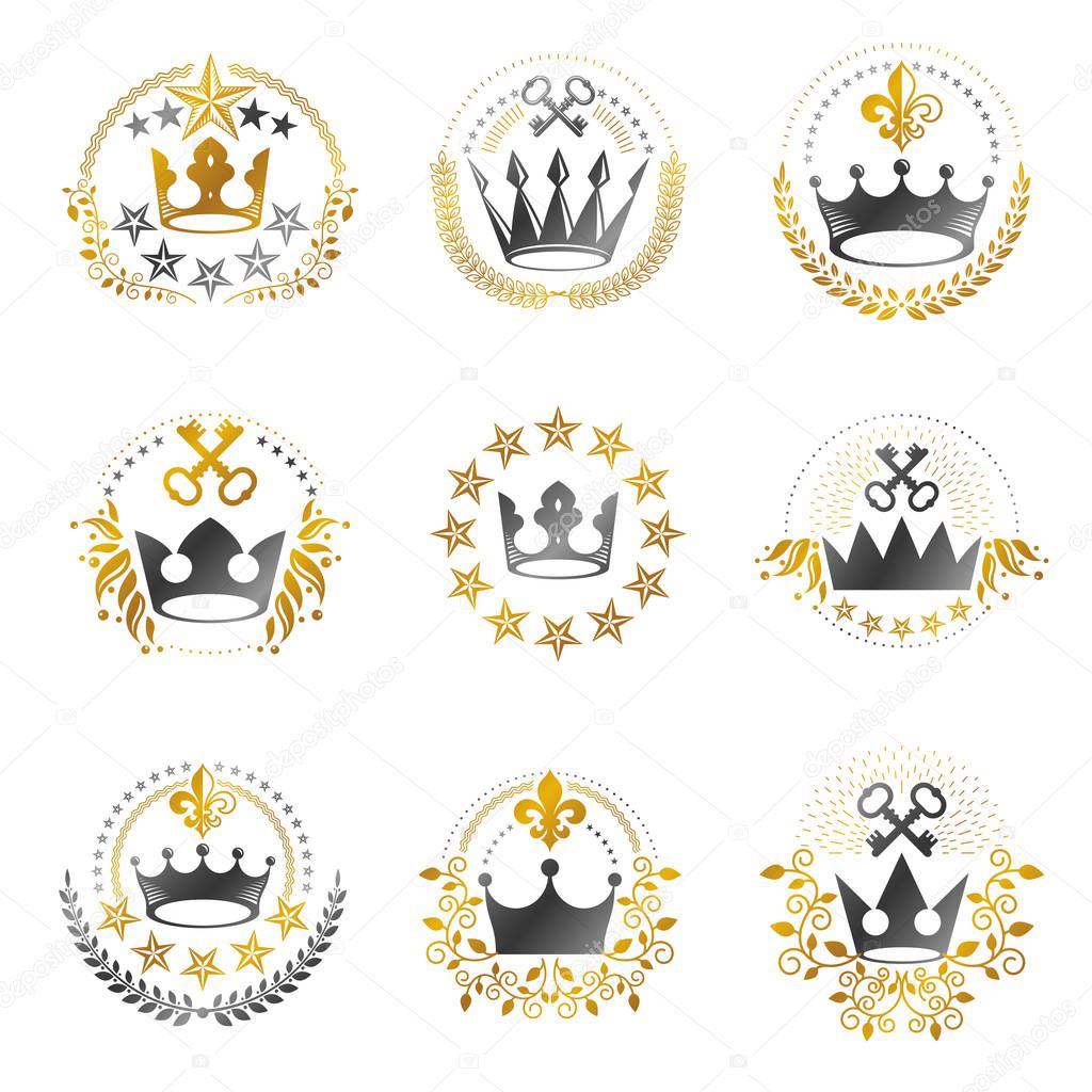 Ancient Crowns emblems set. Heraldic vector design elements collection. Retro style label, heraldry logo.