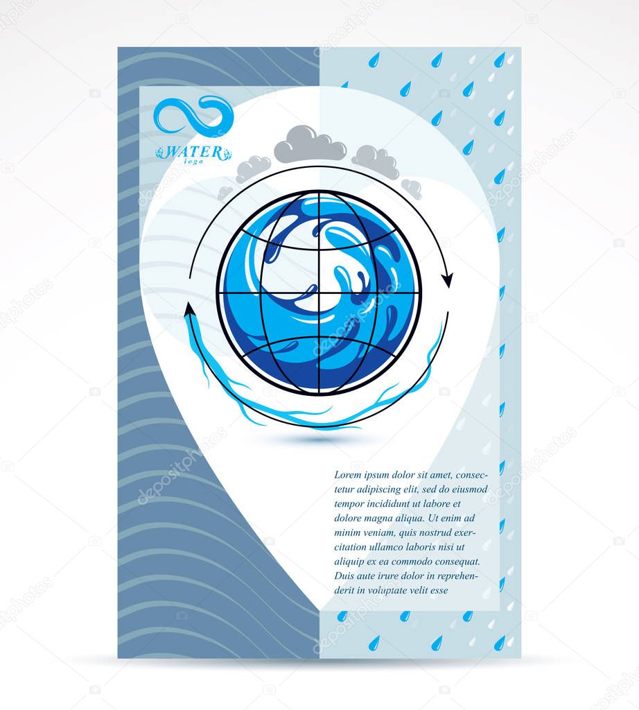 Water delivery business corporative flyer template. Graphic vector illustration. Global water circulation conceptual design, blue planet.