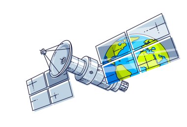 Hafiflik içinde yüzen ve ayna, bilim ve iletişim teknolojisi gibi güneş panelleri Earth'te yansıtan yapay uydu yörünge. İnce çizgi 3d vektör çizim.