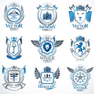 Vektör klas hanedan arması. Blazons topluluğu vintage tasarımında stilize ve oluşturulan grafik öğeleri, Kraliyet kron ve bayrak, yıldız, kuleleri, Tophane, dini haçlar.