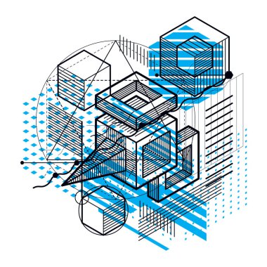 İzometrik soyutlama hatları ve farklı öğeleri, vektör arka plan. Kompozisyon küpleri, Altıgenler, kareler, dikdörtgenler ve farklı soyut öğeler.