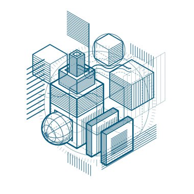 3D soyut vektör izometrik arka plan. Küpleri, Altıgenler, kareler, dikdörtgenler ve farklı soyut öğeler düzenini.