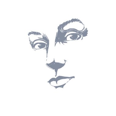Beyaz deri romantik kadın, yüz duygular Tema illüstrasyon sanat çizilmiş portresi. Güzel Bayan beyaz zemin üzerine, hassas visage özellikleri poz.