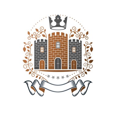 Antik kale amblemi. Hanedan arması dekoratif logo vektör illüstrasyon izole. Beyaz arka plan üzerinde eski tarzı Retro logo.