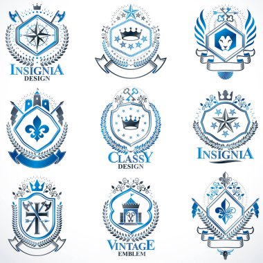 Hanedan vintage vektör öğeleri, kuş kanatları, hayvanlar, kuleleri, kron ve yıldız ile oluşturulan arması. Klas sembolik Amblemler koleksiyonu, vektör set.