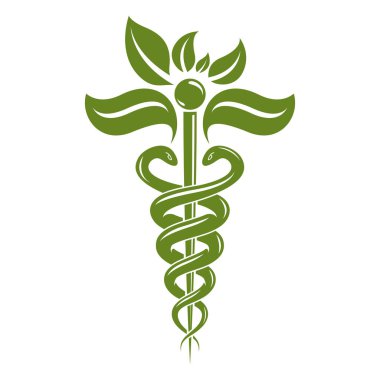Asklepios vektör soyut illüstrasyon yılan kullanılarak oluşturulan ve yeşil yaprakları, Caduceus sembolü. Güçlü kalp sağlıklı yaşam tarzı.