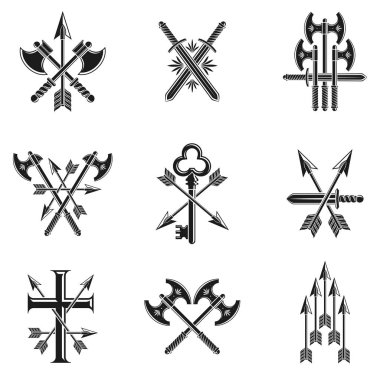 Vintage Silah Amblemleri ayarlandı. Vintage vektör tasarım elemanları koleksiyonu. Retro biçim etiketi, heraldry.