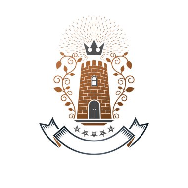 Antik kale amblemi. Hanedan arması dekoratif logo vektör illüstrasyon izole. Beyaz arka plan üzerinde eski tarzı Retro logo.