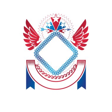 Pentagonal yıldız ve boş boşluk kullanılarak oluşturulan grafik kanatlı amblemi. Hanedan arması, vintage vektör logosu.