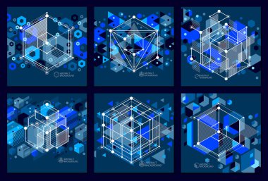 Mühendislik teknoloji vektör koyu mavi duvar kağıtları set 3D küpleri ve çizgiler ile yapılan. Teknolojik duvar kağıdı peteğin ile yapılmış mühendislik. Teknik arka plan.