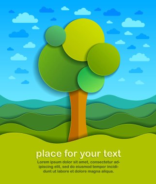 Vektör çizim alanı doğal doğa manzara karikatür modern tarzı kağıt ağaçları kesmek.