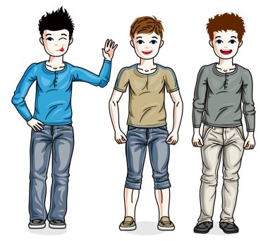 Sevimli küçük çocuklar ayakta moda rahat kıyafetler giyiyor. Vektör çocuklar illüstrasyonlar set. Çocukluğu ve ailesi yaşam tarzı küçük resim.