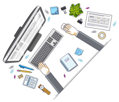 Ofis çalışanı ya da girişimci masası çalışma yeri elleri, bilgisayarı ve çeşitli kırtasiyeleri olan iş yeri, üst görünüm. Tüm elementleri ayrı ayrı kullanmak kolaydır. Vektör illüstrasyonu.