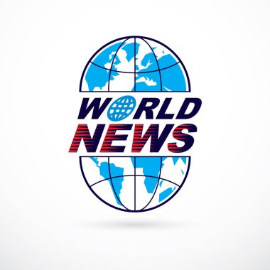 Dünya ve küresel haber kavramı, mavi dünya'nın amblemi vektör ile meridyenler bölünmüş ve dünya haber yazıt ile oluşan.