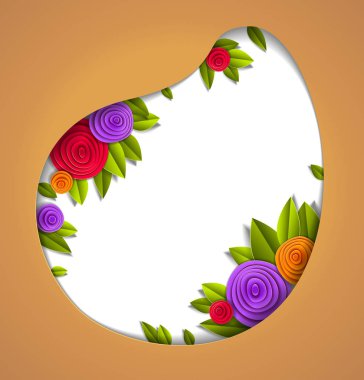 Çiçekli ve yapraklı arka plan kağıt kesim stili, metin için kopyalama alanı, vektör çiçek illüstrasyonu. Düğün davetiyesi ya da romantik tebrik kartı..