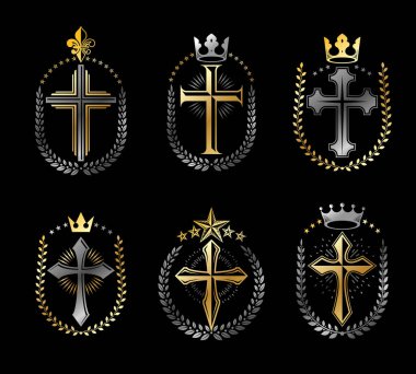Haçlar Hıristiyanlık Amblemler ayarlayın. Hanedan vektör tasarım öğeleri koleksiyonu. Retro tarzı etiket, Hanedanlık armaları logosu.