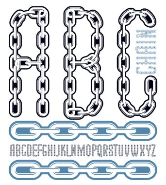 Vektör yoğun, uzun yazı tipi. Trendy patlama sanat oluşturulmasında kullanılabilir. Dekoratif harfler, abc metal bağlı zinciri bağlantı kullanılarak oluşturulan.