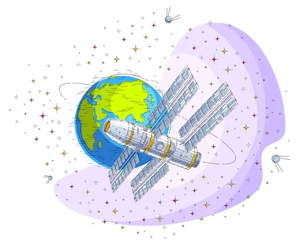 Raumstation Orbitalflug Die Erde Raumschiff Mit Solarzellen Künstlicher Satellit Umgeben — Stockvektor