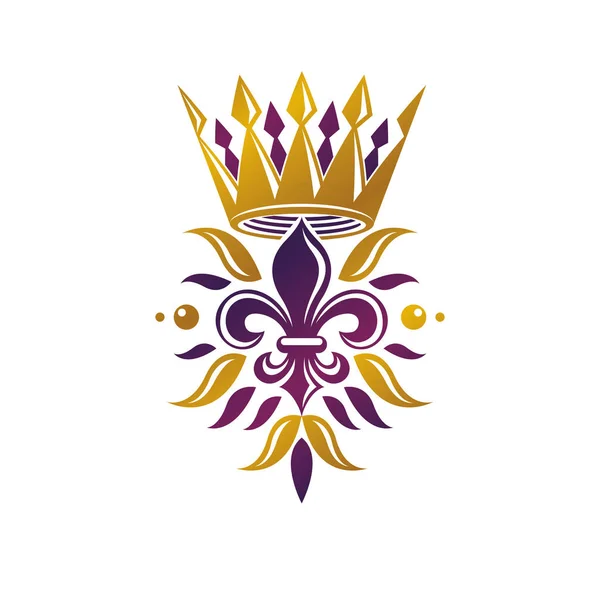 レトロな黄金ヴィンテージ記章は ユリの花と帝国の王冠で作成されます ベクトル品質アイデア デザイン要素 アヤメ — ストックベクタ