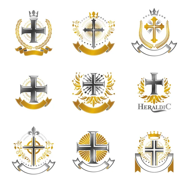 Croix Christianisme Emblèmes Fixés Collection Éléments Design Vectoriel Héraldique Étiquette — Image vectorielle