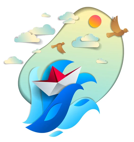 Navio Papel Nadando Ondas Mar Origami Barco Brinquedo Dobrado Flutuando — Vetor de Stock