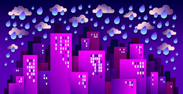 Cityscape Rain Night Cartoon Vector Illustration Paper Cut Kids Application — Stock Vector